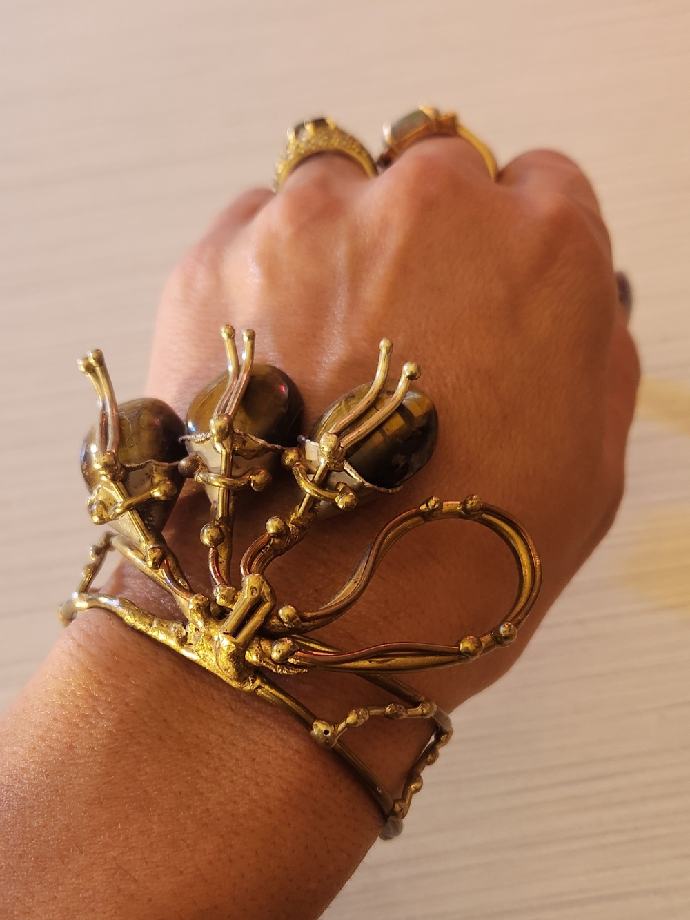 Brutalist Vintage Tiger Eye Bronze Floral Orb Cuff Bracelet